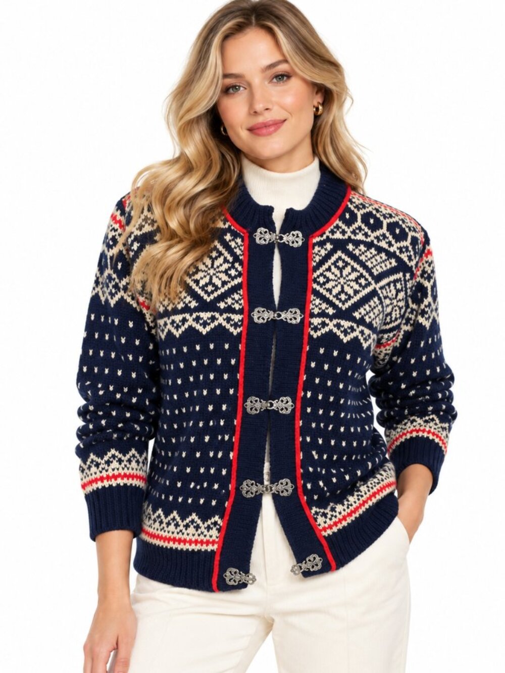 Dale of Norway Wool Cardigan 38/M Red Blue Vintage Nordic Fair Isle Pewter Clasp